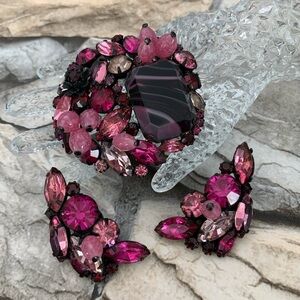 Vintage Alice Caviness Carnation Lozenge Givre Art Glass Brooch Clip Earrings